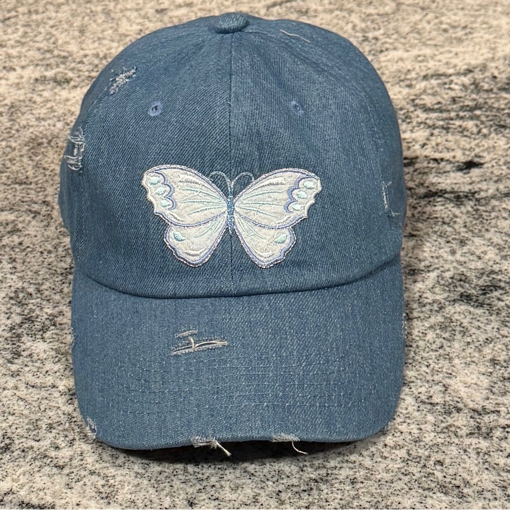 New Custom Designed Blue Distressed Baseball Cap with Embroidered Butterfly